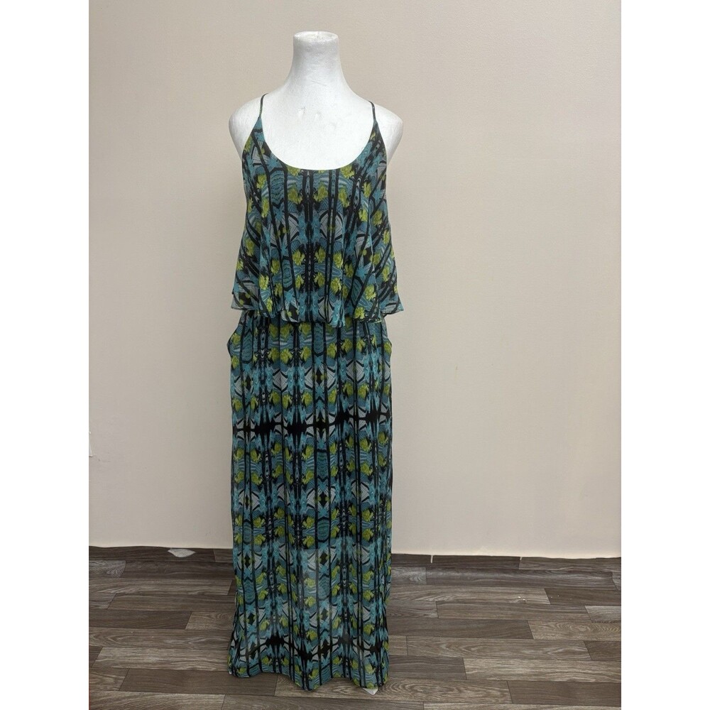 NY Collection Blue Green Geometric Chiffon Popover Maxi Dress Size M Pockets